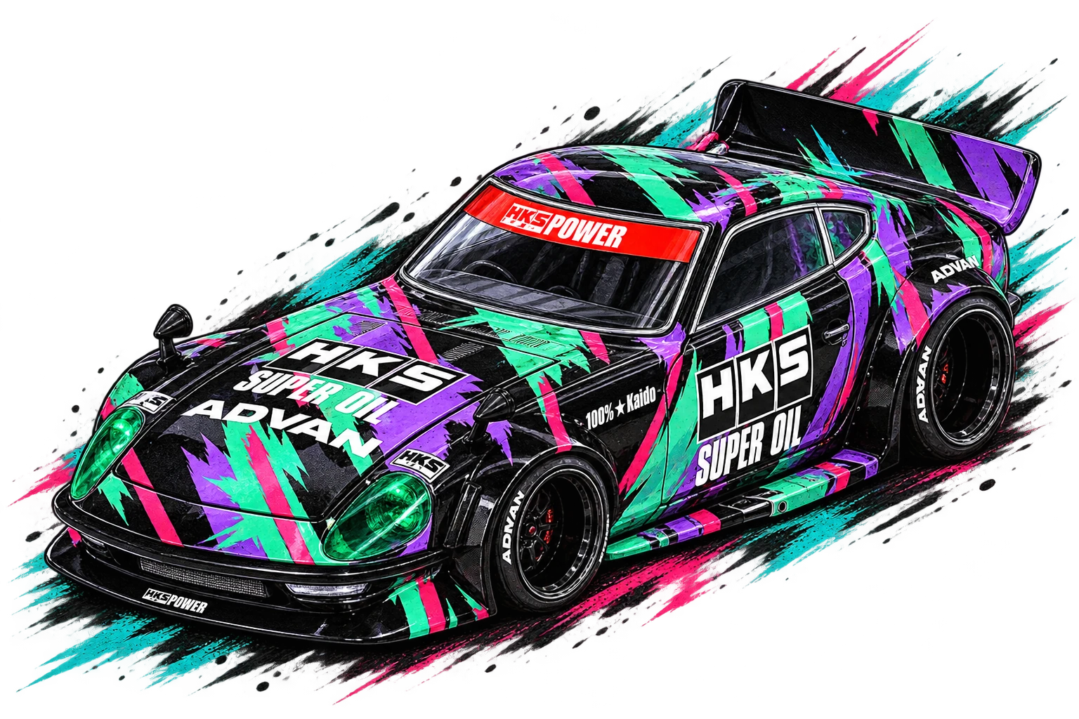 Ilustração de um Datsun 510 laranja e vermelho, parceria Kaido House x HKS x Nismo