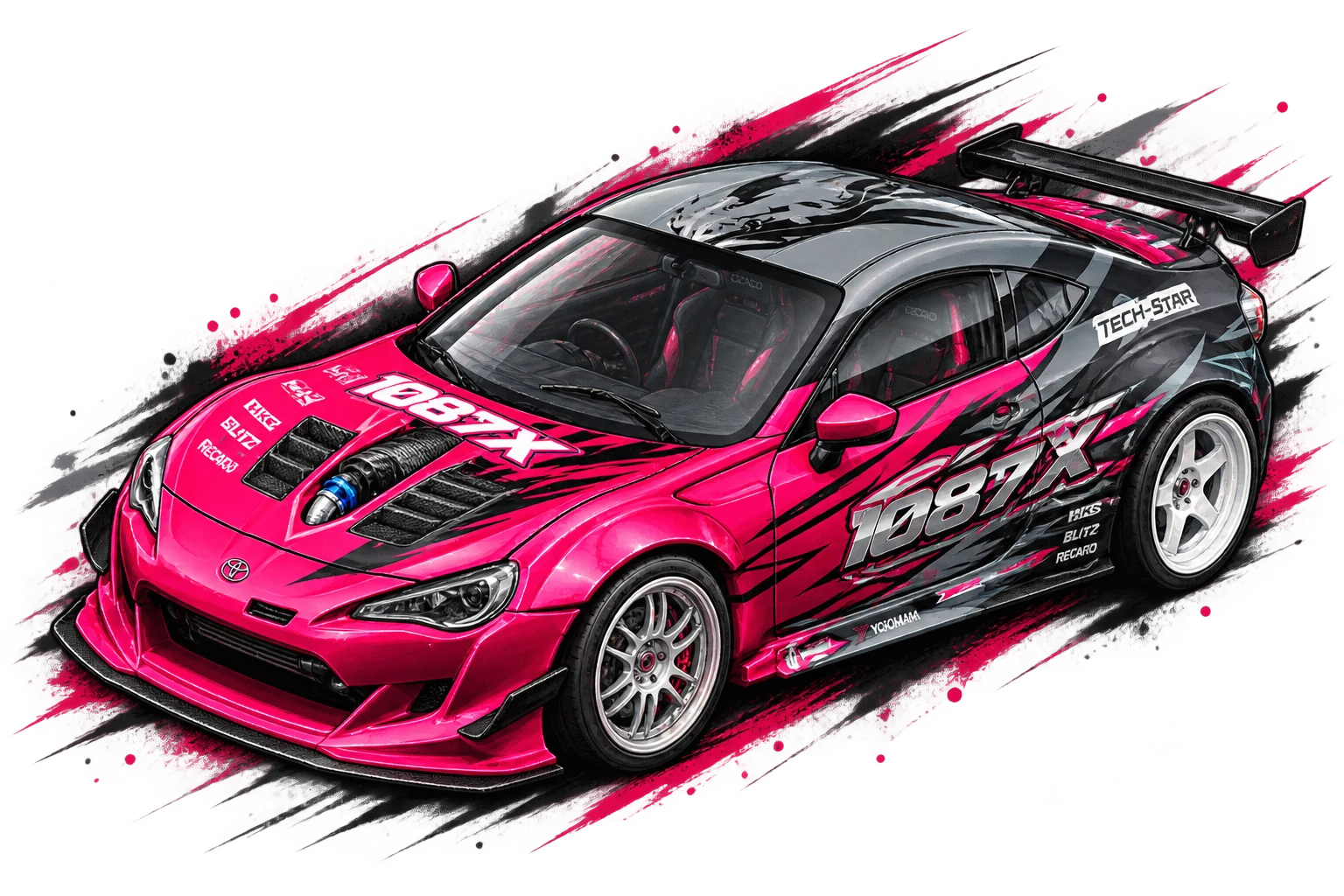 Ilustración de un Toyota 86/BRZ rosa con la librea "1087X"