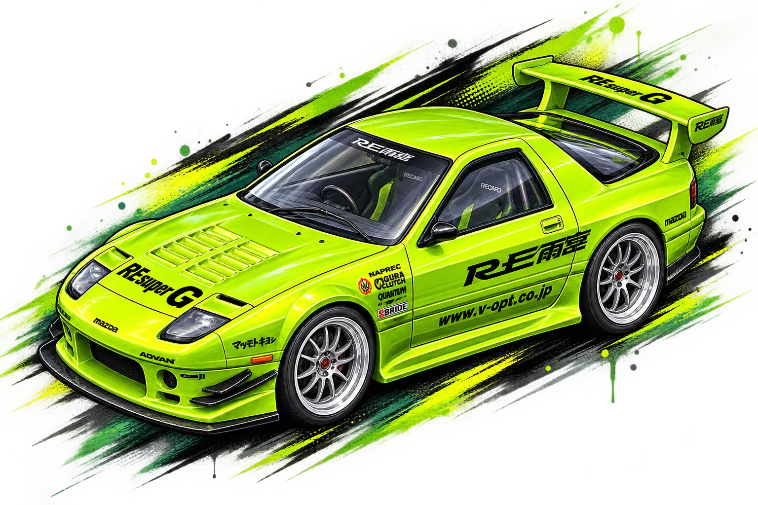 Ilustración de un Mazda RX-7 FC verde con la librea "RE雨宮/RE Amemiya"