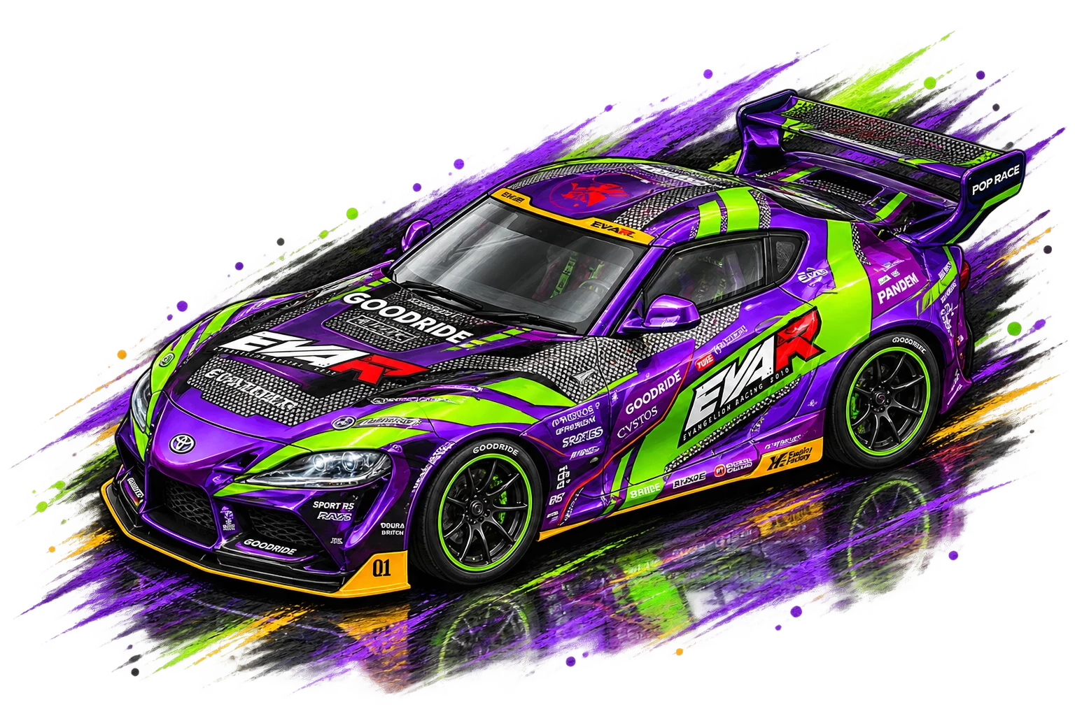 Ilustración de un Toyota Supra morado y verde con la librea "EVA-R Evangelion Racing"